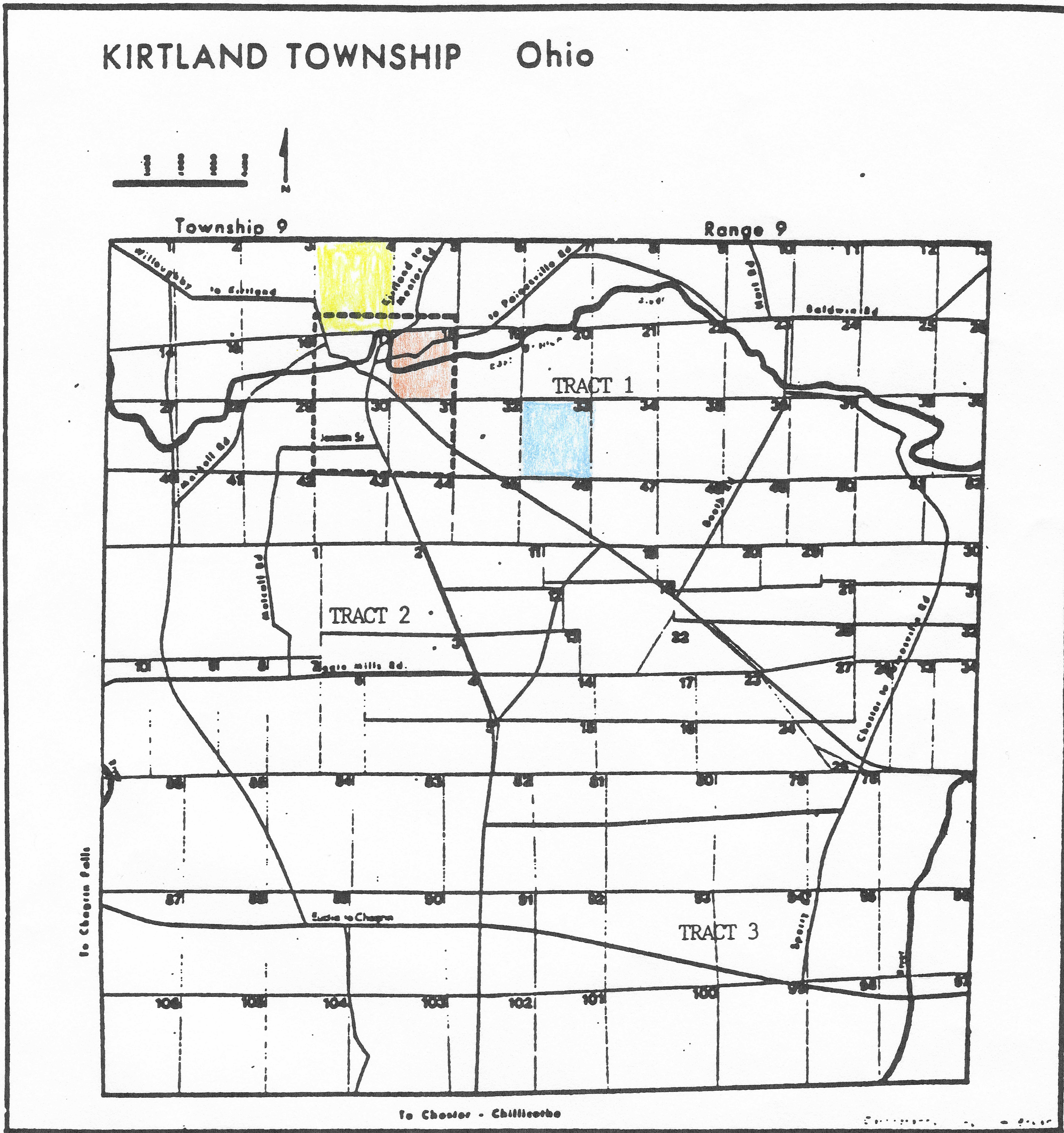 Scanned image of Kirtland Township Ohio with 3 tracts colored